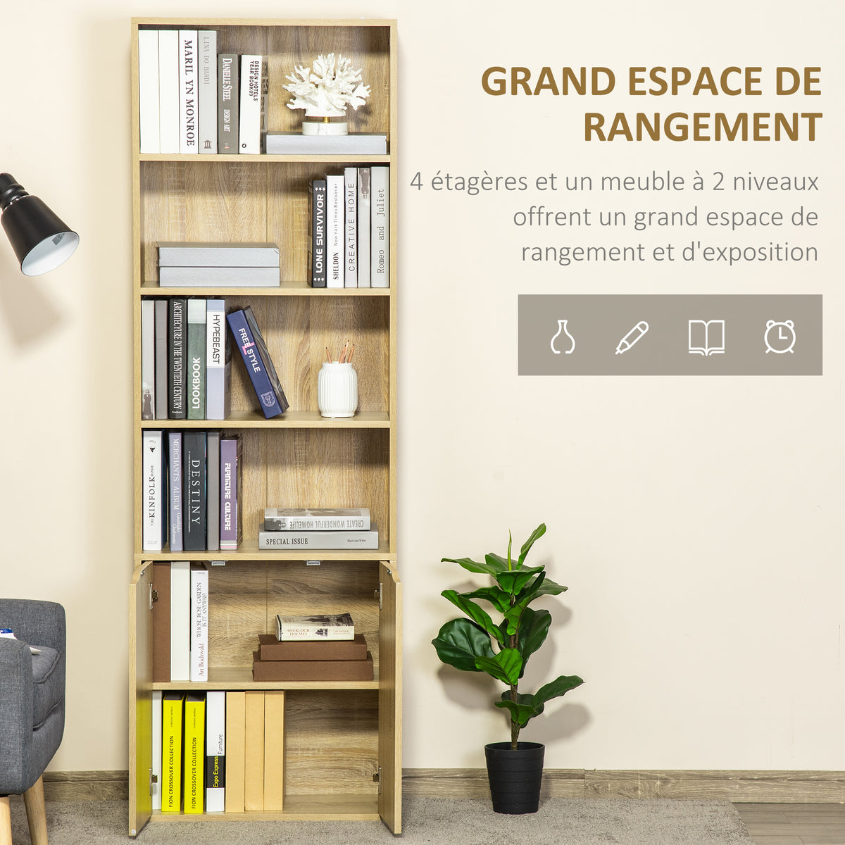 Bibliothèque Armoire à livres avec 4 compartiments ouverts et 2 portes pour le salon et le bureau 59x29x180 cm Bois naturel
