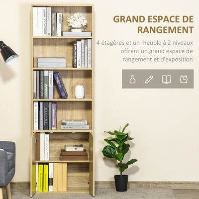 Bibliothèque Armoire à livres avec 4 compartiments ouverts et 2 portes pour le salon et le bureau 59x29x180 cm Bois naturel