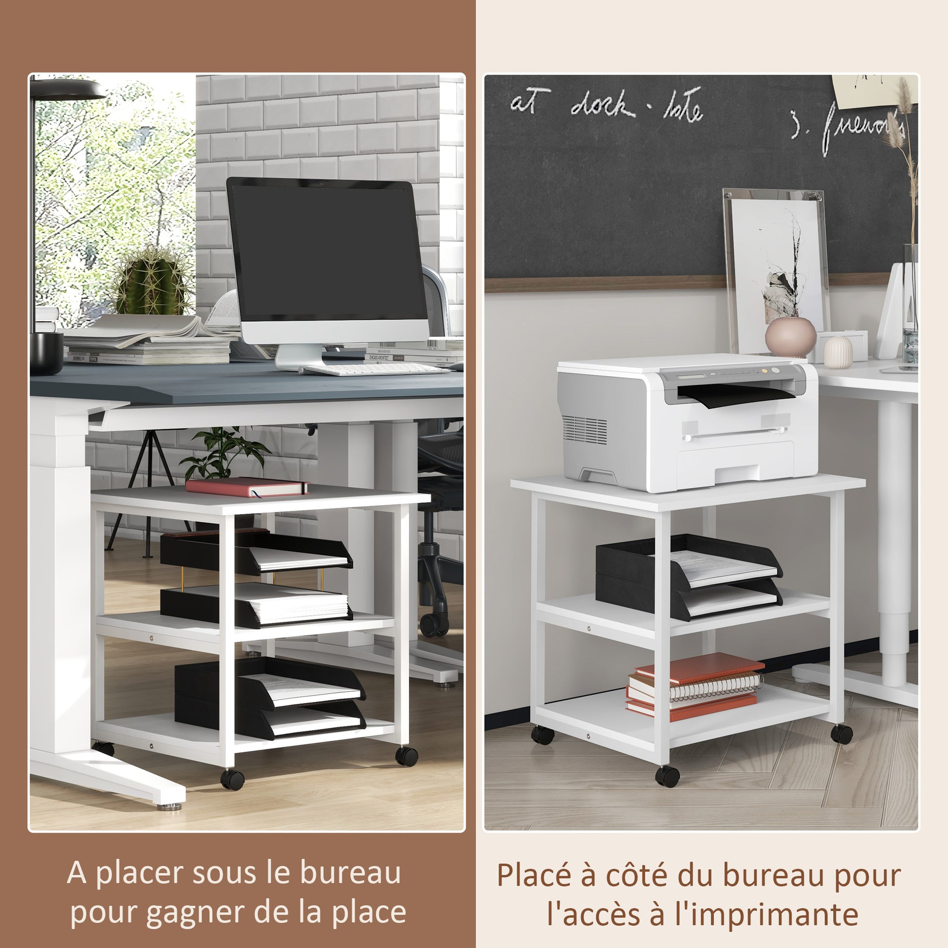 Support d'imprimante desserte de rangement 3 niveaux étagères mobile sur roulettes 50L x 50l x 52,5H cm