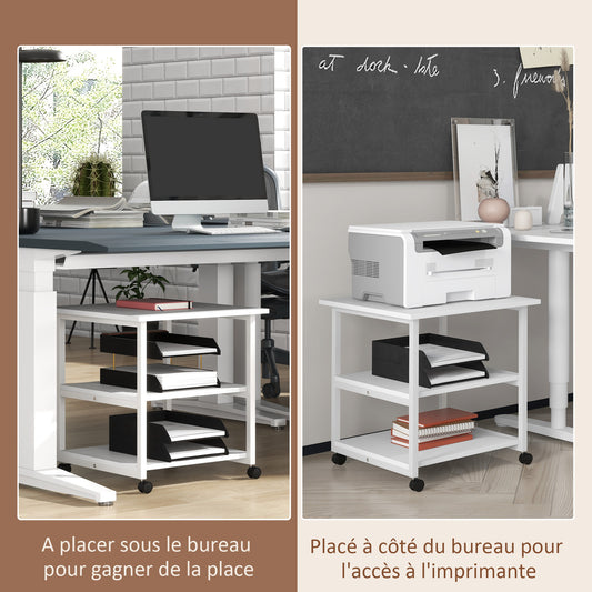 Support d'imprimante desserte de rangement 3 niveaux étagères mobile sur roulettes 50L x 50l x 52,5H cm