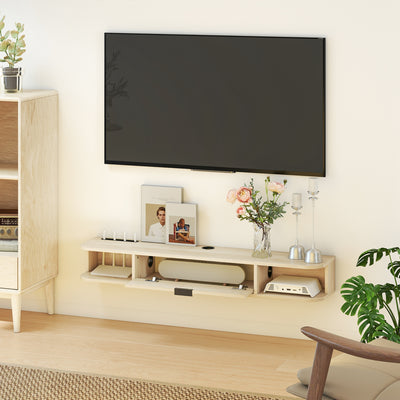 Meuble TV suspendu, meuble télé pour téléviseur jusqu'à 50 pouces, tiroir rabattable 2 étagères 120x24x16cm bois naturel